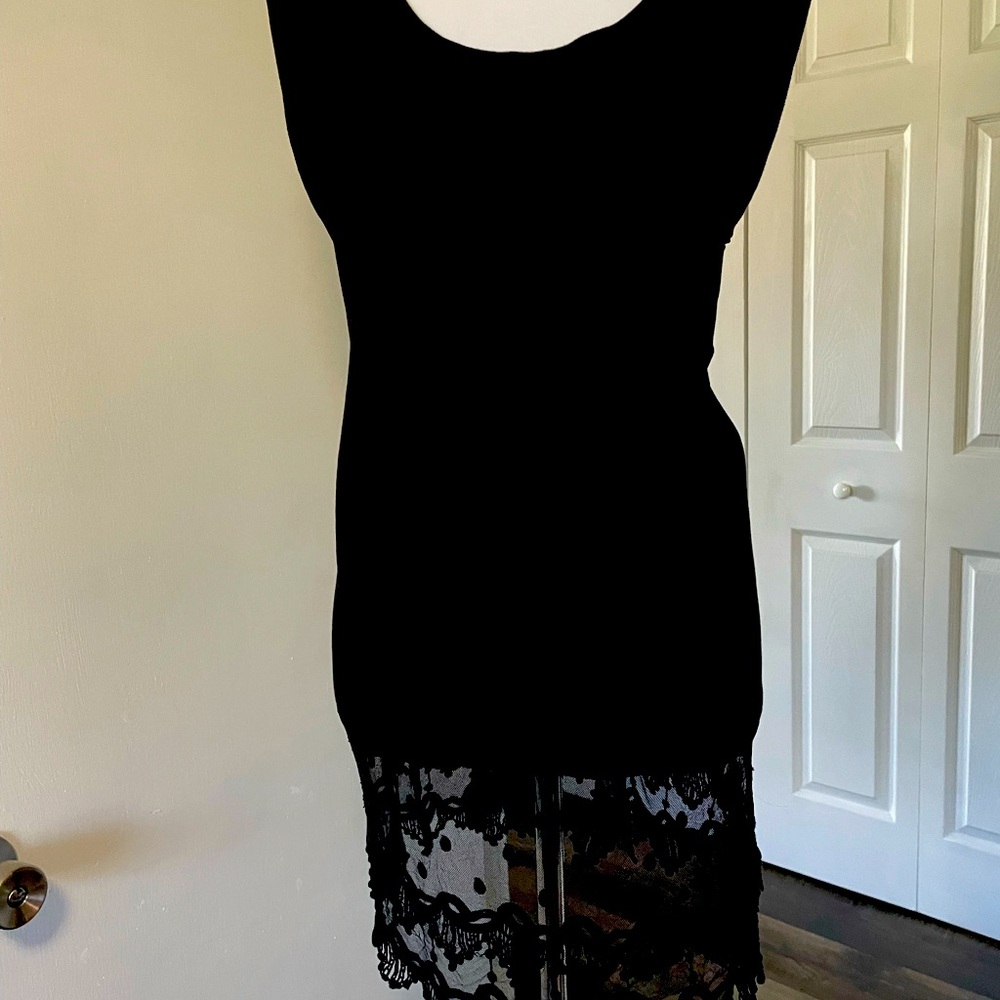 KATHLEEN KIRKWOOD TOP BLOUSE SLEEVELESS XL BLACK COTTON WIDE 9” LACE TRIM HEM